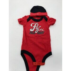 Baby Air Jordan Bodysuit With Hat Red And Black Fly All Day  0-6M 100% Cotton